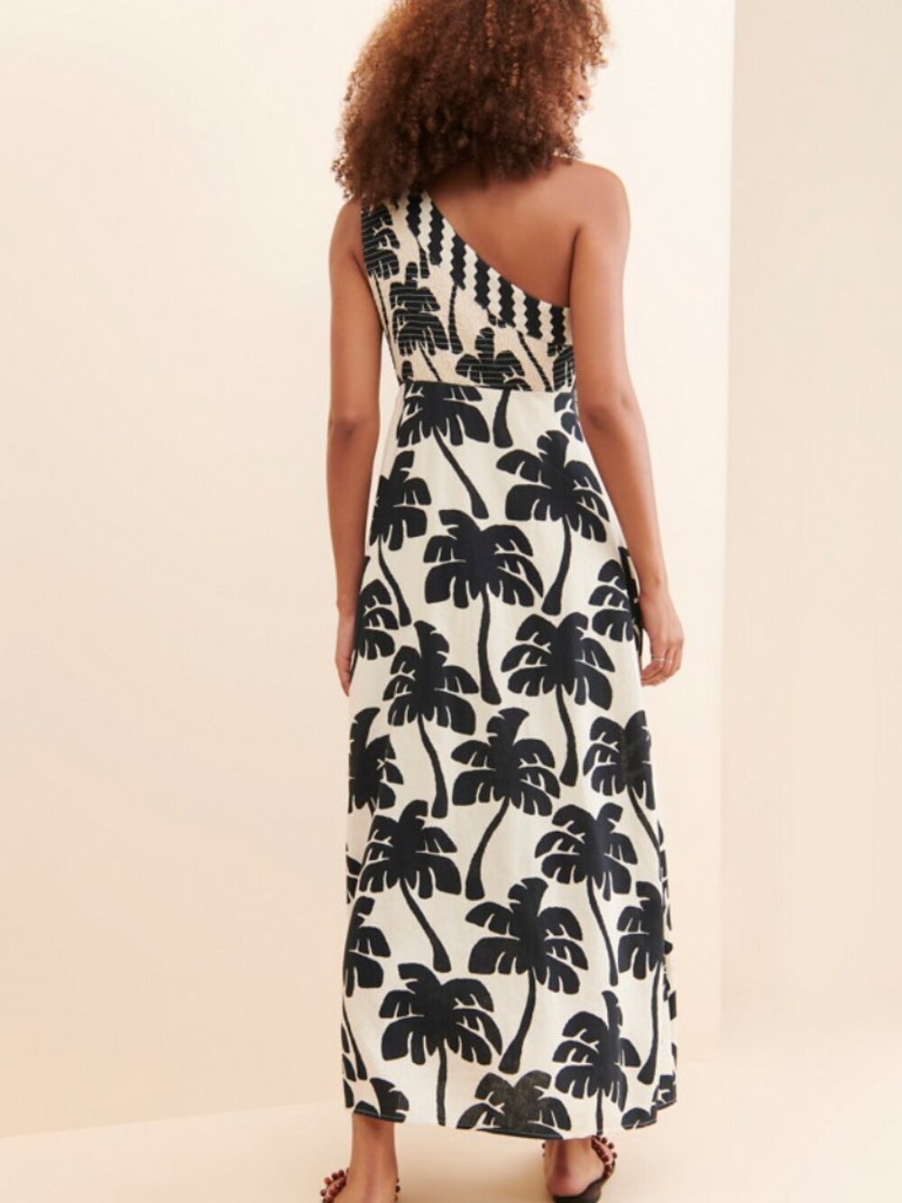 FARM Rio Black White One-Shoulder Linen Palm Tree Maxi Dress Small 38468 - Picture 4 of 13